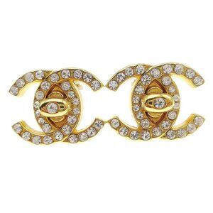 Chanel CC Turnlock Rhinestone Earrings Clip-On Gold Small 96A 98955